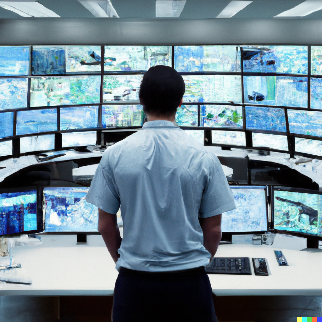 DALL·E 2023-06-08 16.08.58 - Create a photorealistic image that depicts a security engineer in a control room full of multiple computer screens displaying various security systems