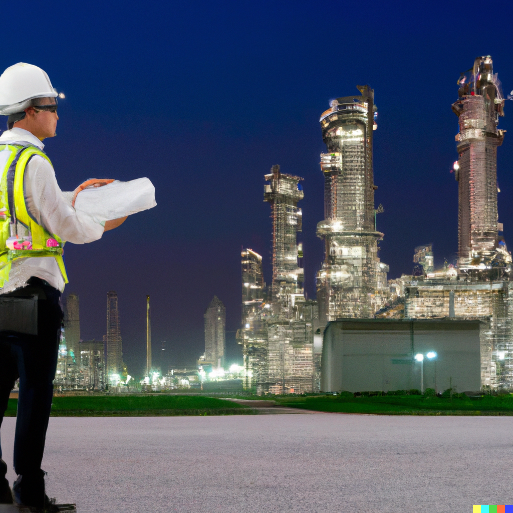 DALL·E 2023-06-08 16.17.37 - Create a photorealistic image of a security engineer on-site at a large petrochemical. They should be carrying a blueprint of the building layout The